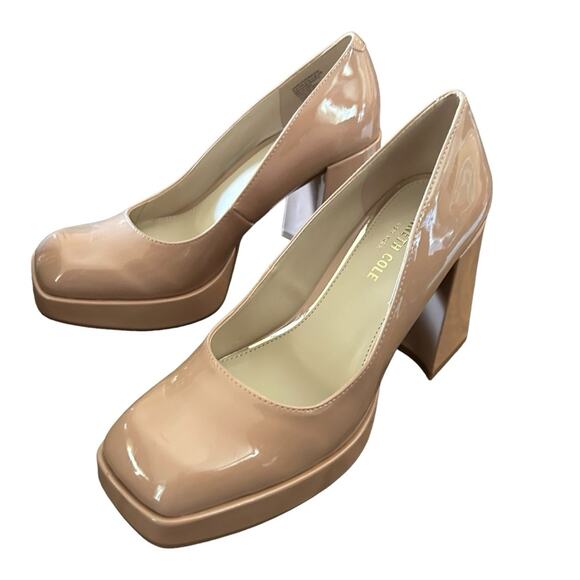 Kenneth Cole Bri Platform Patent Pumps Buff Flare Block Heel Square Toe SZ 8.5 - Picture 1 of 11